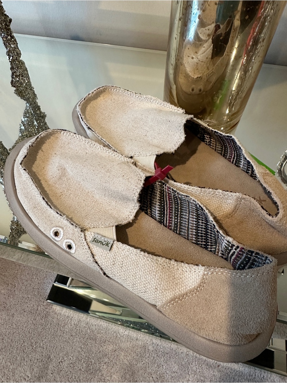 Sanuk Beige Canvas Slip-On Moccasins with Striped Lining